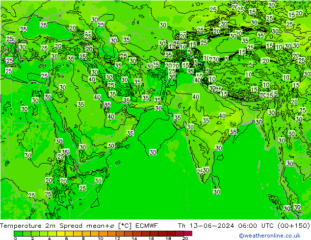 Temperature 2m Spread ECMWF Th 13.06.2024 06 UTC