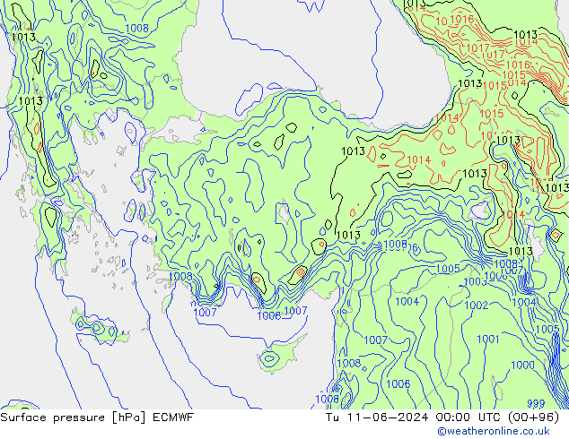 Surface pressure ECMWF Tu 11.06.2024 00 UTC