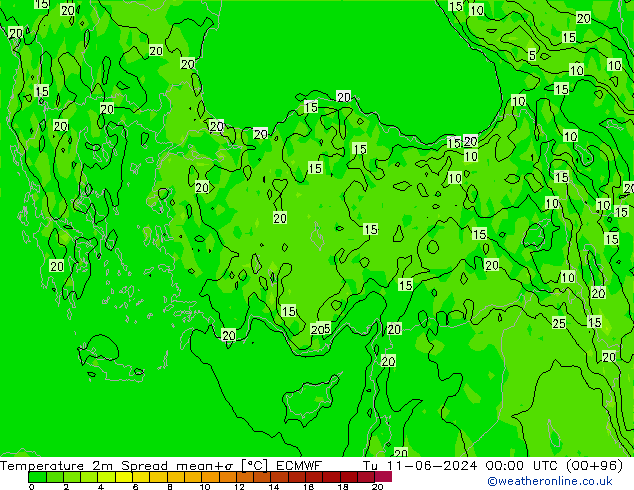 Temperatuurkaart Spread ECMWF di 11.06.2024 00 UTC