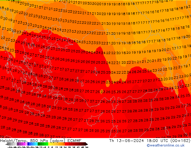 Géop./Temp. 850 hPa ECMWF jeu 13.06.2024 18 UTC