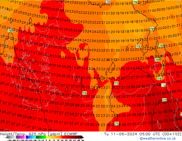 Yükseklik/Sıc. 925 hPa ECMWF Sa 11.06.2024 06 UTC