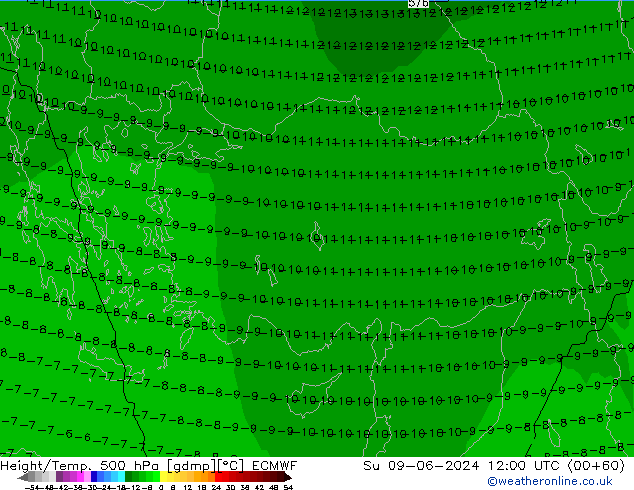 Hoogte/Temp. 500 hPa ECMWF zo 09.06.2024 12 UTC