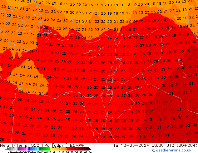 Height/Temp. 850 hPa ECMWF Tu 18.06.2024 00 UTC