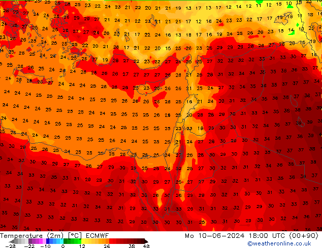 Temperatuurkaart (2m) ECMWF ma 10.06.2024 18 UTC