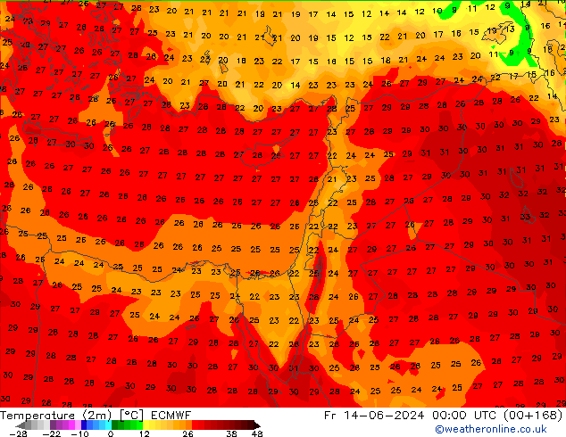 Temperatuurkaart (2m) ECMWF vr 14.06.2024 00 UTC