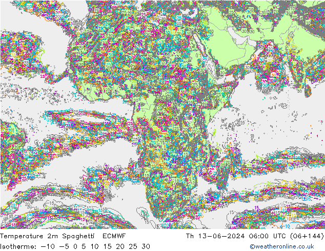 Temperatura 2m Spaghetti ECMWF Qui 13.06.2024 06 UTC