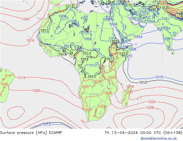 Surface pressure ECMWF Th 13.06.2024 00 UTC