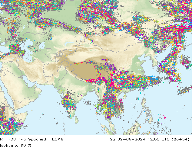 Humidité rel. 700 hPa Spaghetti ECMWF dim 09.06.2024 12 UTC