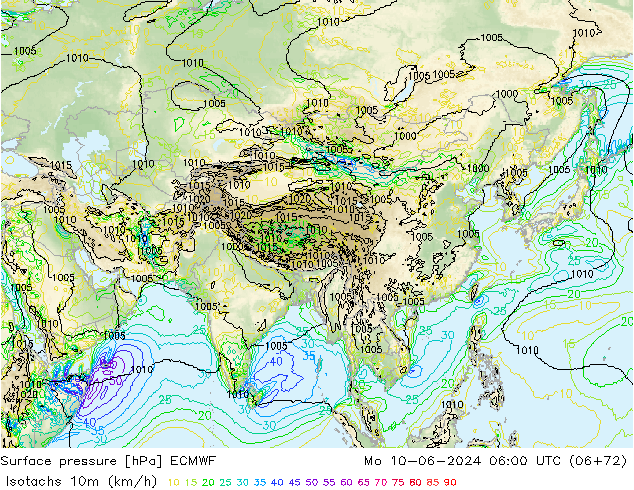 Isotachs (kph) ECMWF Mo 10.06.2024 06 UTC