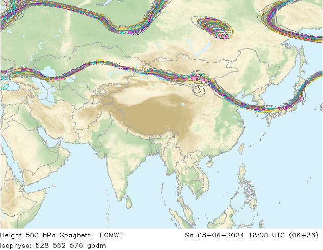 Height 500 hPa Spaghetti ECMWF Sa 08.06.2024 18 UTC