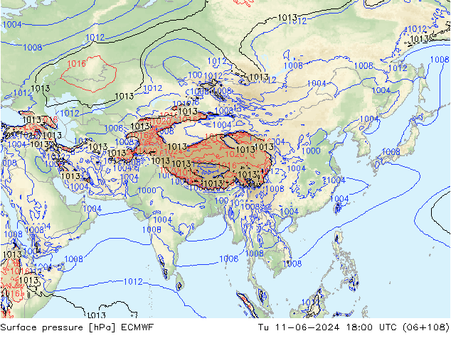 Surface pressure ECMWF Tu 11.06.2024 18 UTC