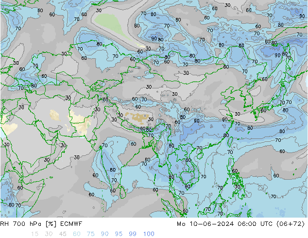 RH 700 hPa ECMWF Mo 10.06.2024 06 UTC