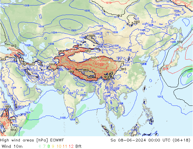 yüksek rüzgarlı alanlar ECMWF Cts 08.06.2024 00 UTC