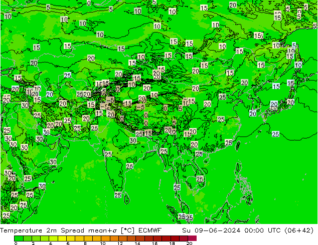 Temperature 2m Spread ECMWF Su 09.06.2024 00 UTC