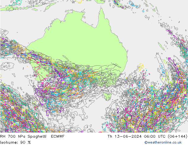 RH 700 hPa Spaghetti ECMWF Qui 13.06.2024 06 UTC