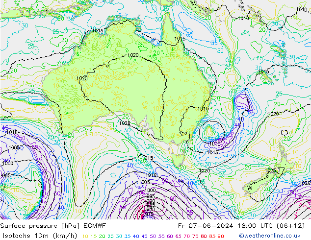 Isotaca (kph) ECMWF vie 07.06.2024 18 UTC