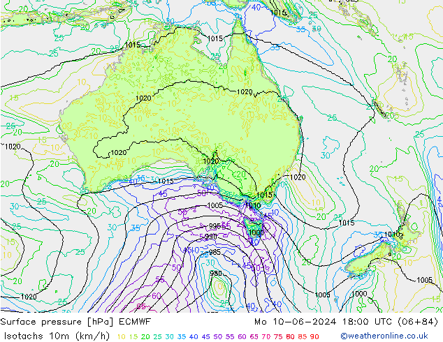 Izotacha (km/godz) ECMWF pon. 10.06.2024 18 UTC