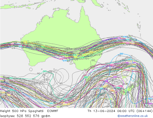 Height 500 hPa Spaghetti ECMWF Qui 13.06.2024 06 UTC