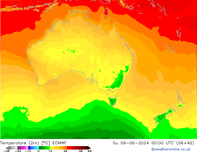 Sıcaklık Haritası (2m) ECMWF Paz 09.06.2024 00 UTC