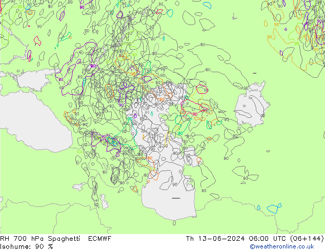 RH 700 hPa Spaghetti ECMWF gio 13.06.2024 06 UTC