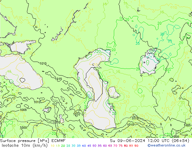 Eşrüzgar Hızları (km/sa) ECMWF Paz 09.06.2024 12 UTC