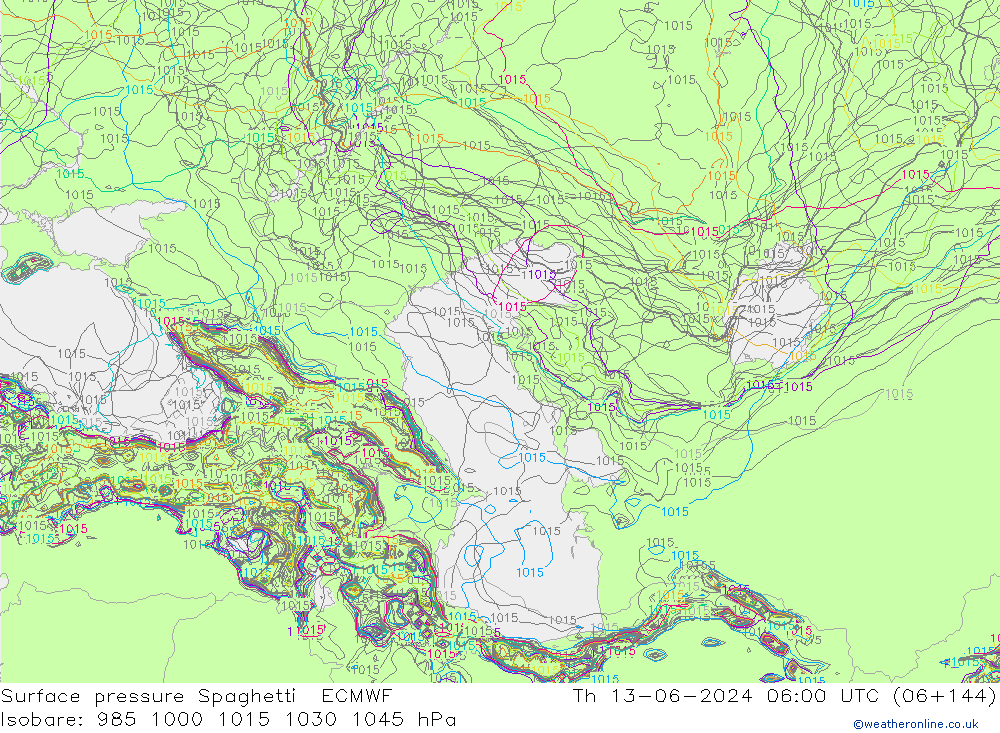 Pressione al suolo Spaghetti ECMWF gio 13.06.2024 06 UTC