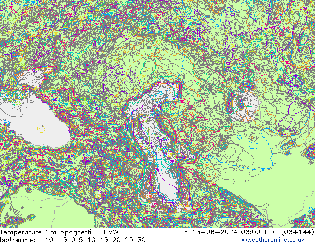 Temperature 2m Spaghetti ECMWF Th 13.06.2024 06 UTC