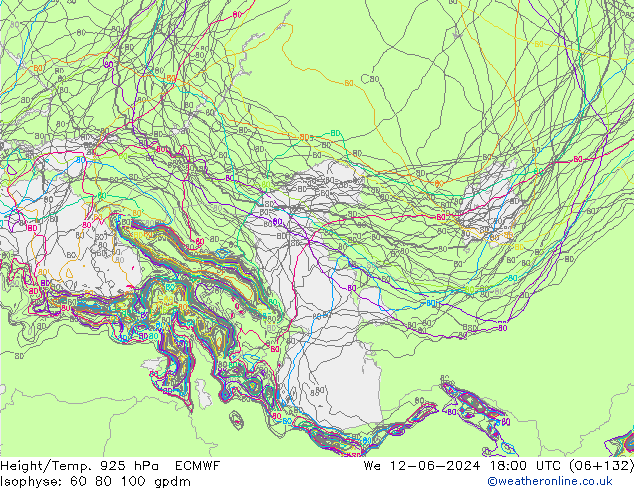 Height/Temp. 925 hPa ECMWF mer 12.06.2024 18 UTC