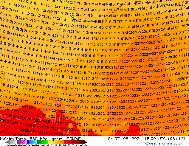 Hoogte/Temp. 850 hPa ECMWF vr 07.06.2024 18 UTC