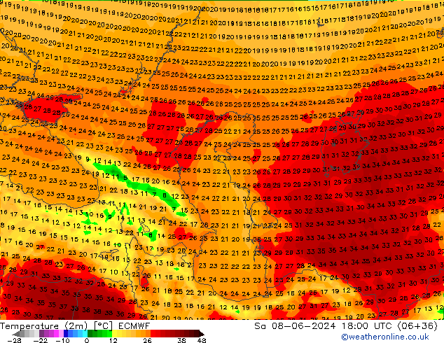 Temperatuurkaart (2m) ECMWF za 08.06.2024 18 UTC