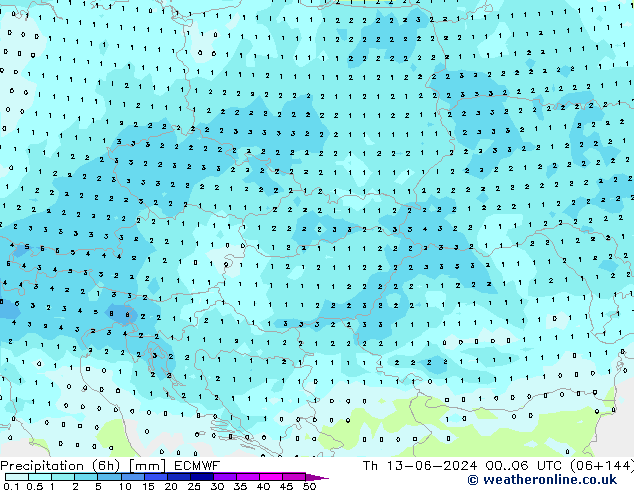 Precipitation (6h) ECMWF Th 13.06.2024 06 UTC