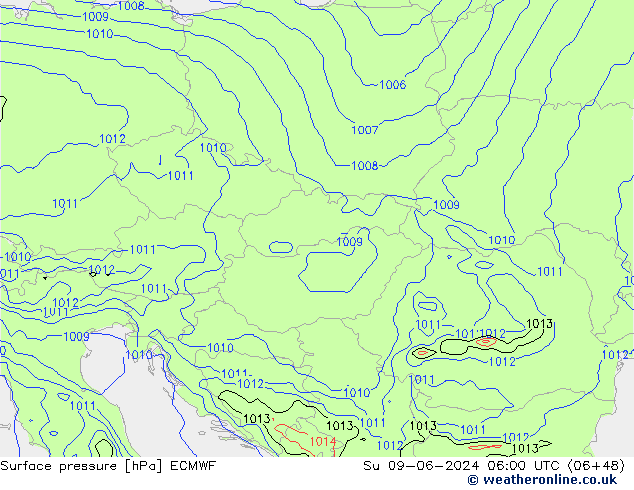 Atmosférický tlak ECMWF Ne 09.06.2024 06 UTC