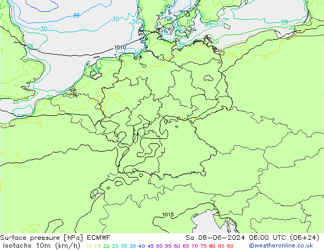 Isotachs (kph) ECMWF Sáb 08.06.2024 06 UTC