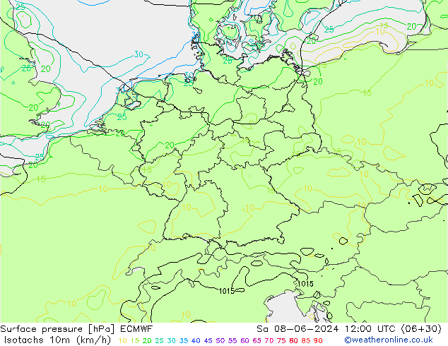 Isotaca (kph) ECMWF sáb 08.06.2024 12 UTC