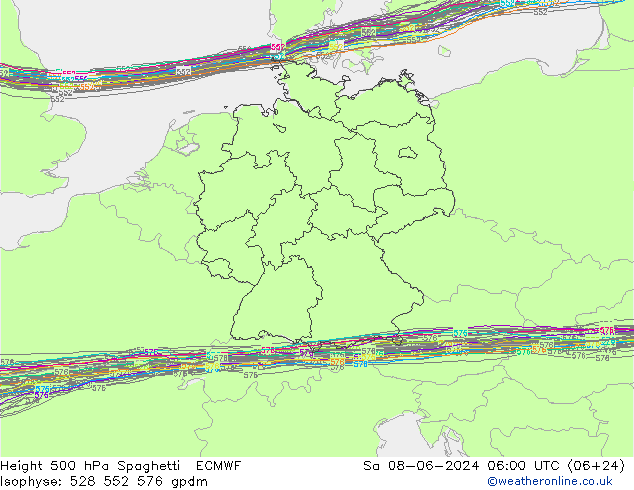 Height 500 hPa Spaghetti ECMWF Sa 08.06.2024 06 UTC