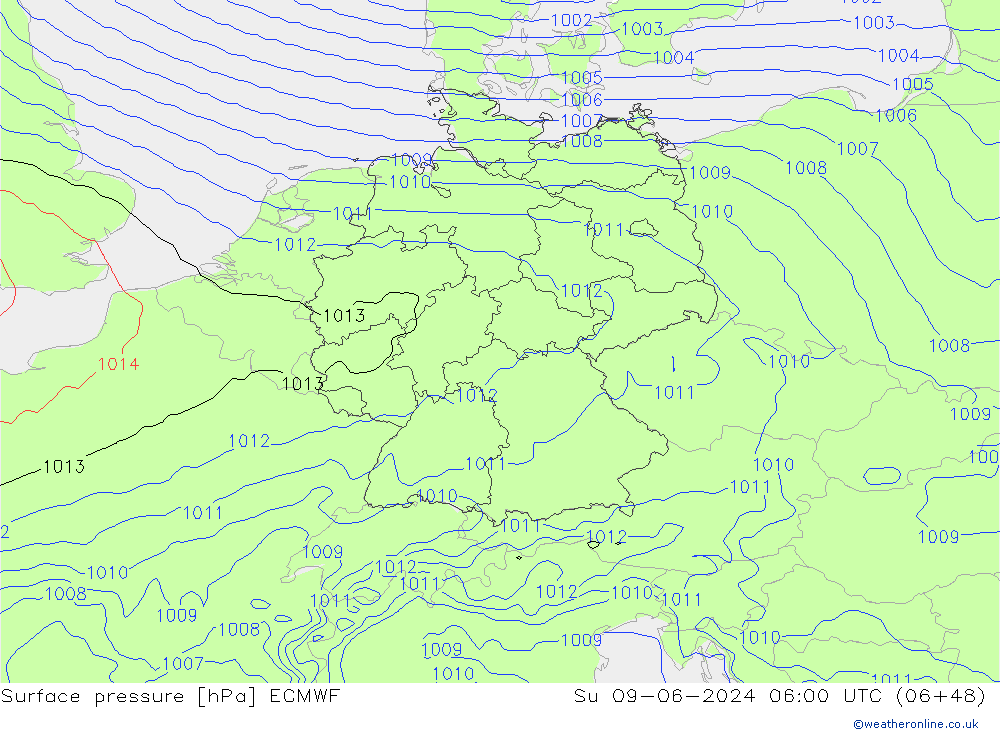 Atmosférický tlak ECMWF Ne 09.06.2024 06 UTC