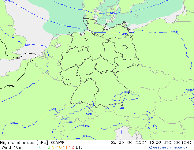 High wind areas ECMWF dom 09.06.2024 12 UTC