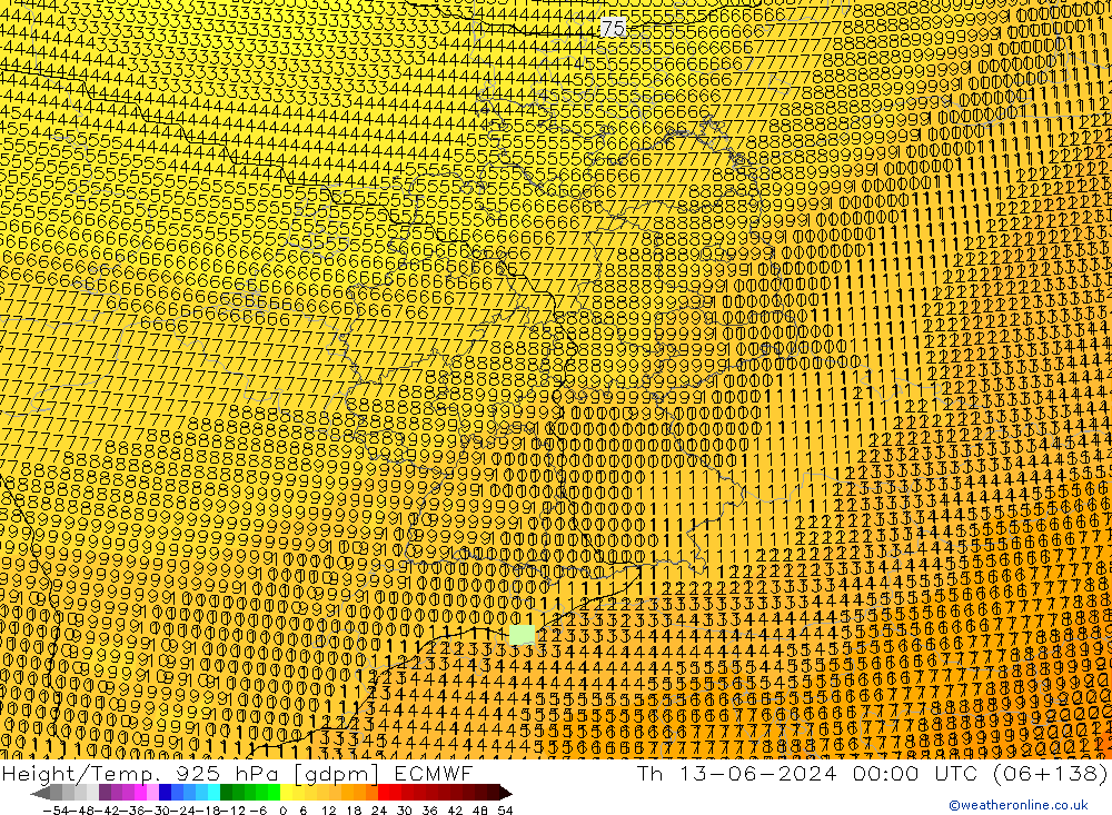 Height/Temp. 925 hPa ECMWF Čt 13.06.2024 00 UTC