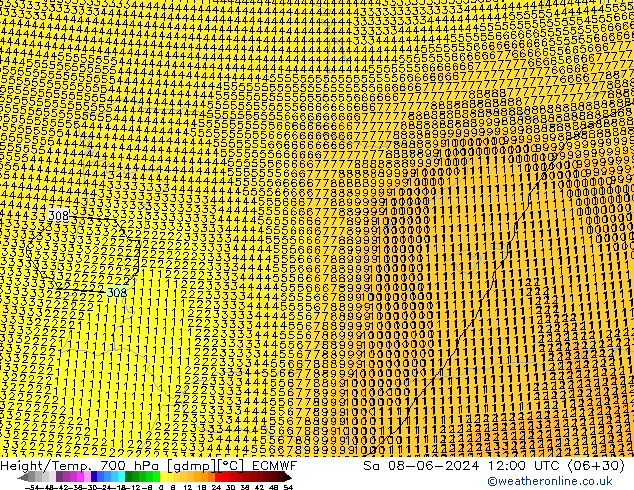 Height/Temp. 700 hPa ECMWF Sa 08.06.2024 12 UTC