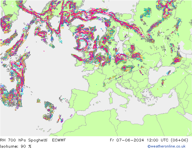 RH 700 hPa Spaghetti ECMWF Pá 07.06.2024 12 UTC