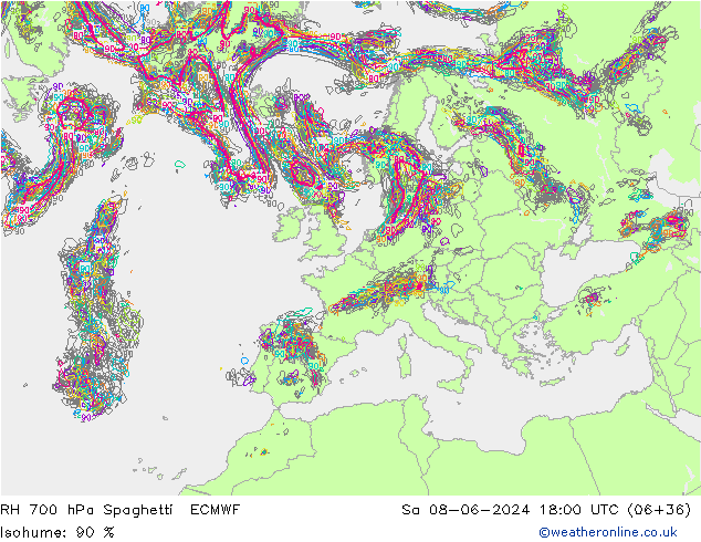 RH 700 hPa Spaghetti ECMWF so. 08.06.2024 18 UTC