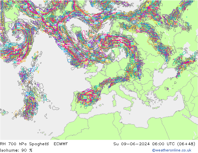 RH 700 hPa Spaghetti ECMWF So 09.06.2024 06 UTC