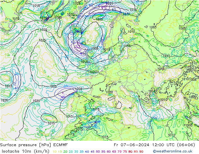 Isotachen (km/h) ECMWF vr 07.06.2024 12 UTC