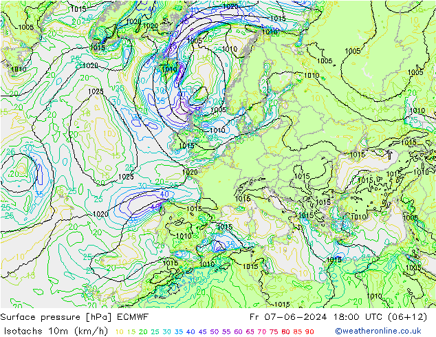 Isotachen (km/h) ECMWF Fr 07.06.2024 18 UTC