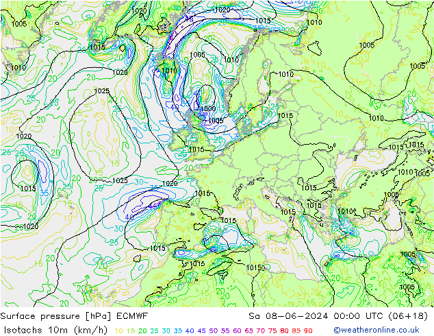 Isotaca (kph) ECMWF sáb 08.06.2024 00 UTC