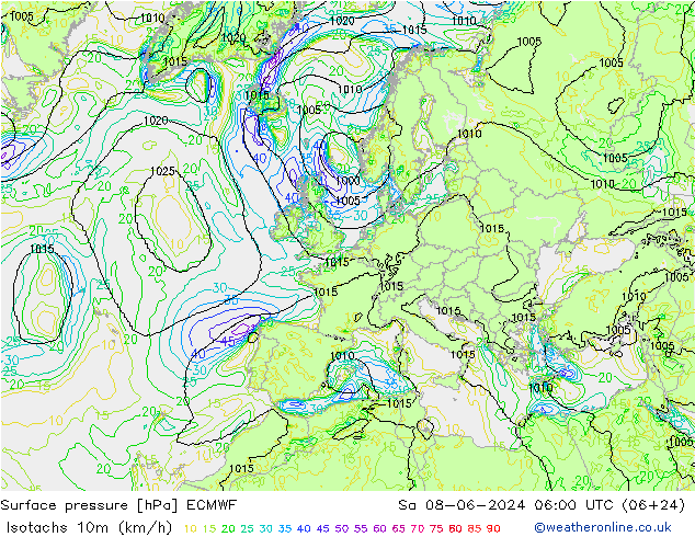 Isotachs (kph) ECMWF Sa 08.06.2024 06 UTC