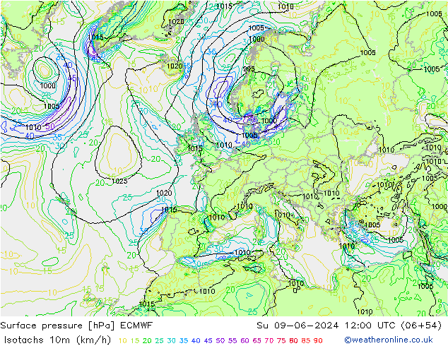 Isotachen (km/h) ECMWF So 09.06.2024 12 UTC