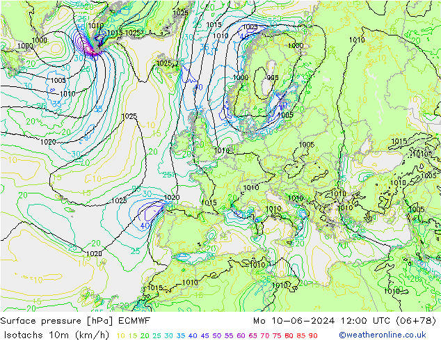 Isotachs (kph) ECMWF Mo 10.06.2024 12 UTC