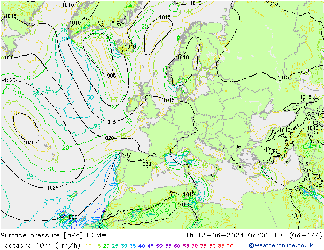 Isotachs (kph) ECMWF Čt 13.06.2024 06 UTC