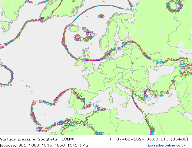 Luchtdruk op zeeniveau Spaghetti ECMWF vr 07.06.2024 06 UTC